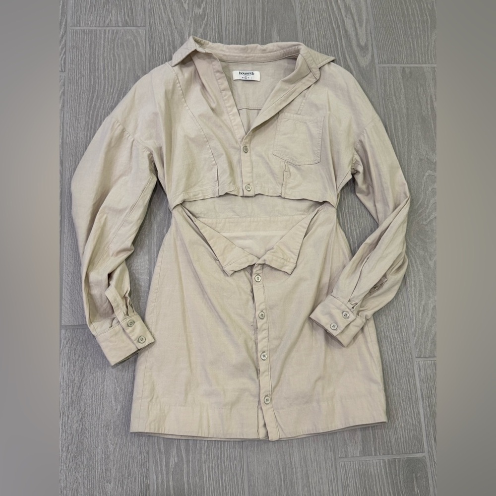 HOUSE OF CB Julietta Beige Linen Cutout Shirt Dress Size Small VGUC - Picture 7 of 8